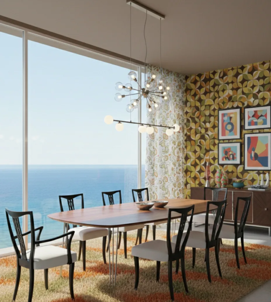 Ensemble de 6 chaises et 2 fauteuils dans un cadre moderne avec vue sur la mer.