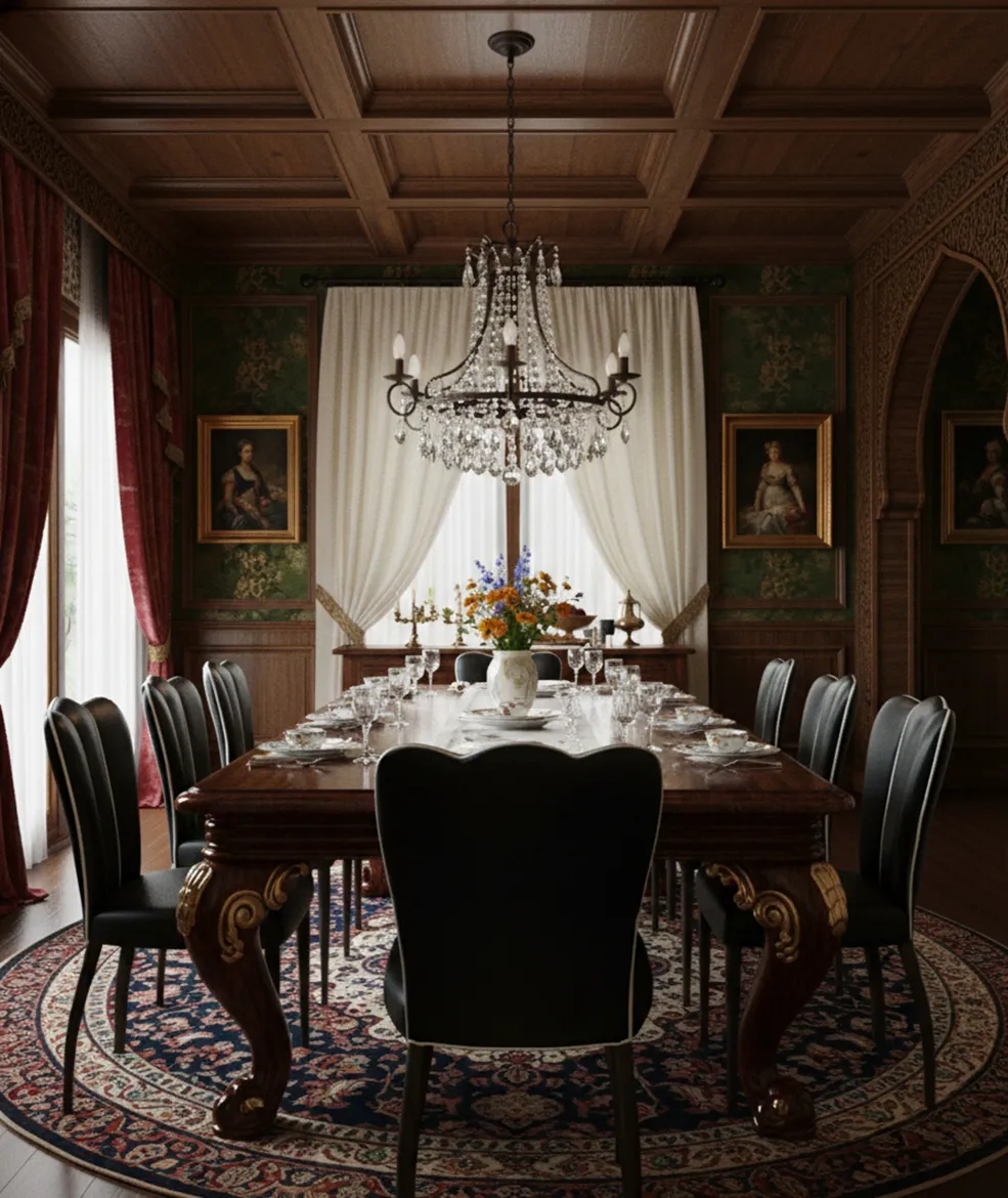 Sechs antike Stühle und zwei Sessel in einem eleganten Esszimmer