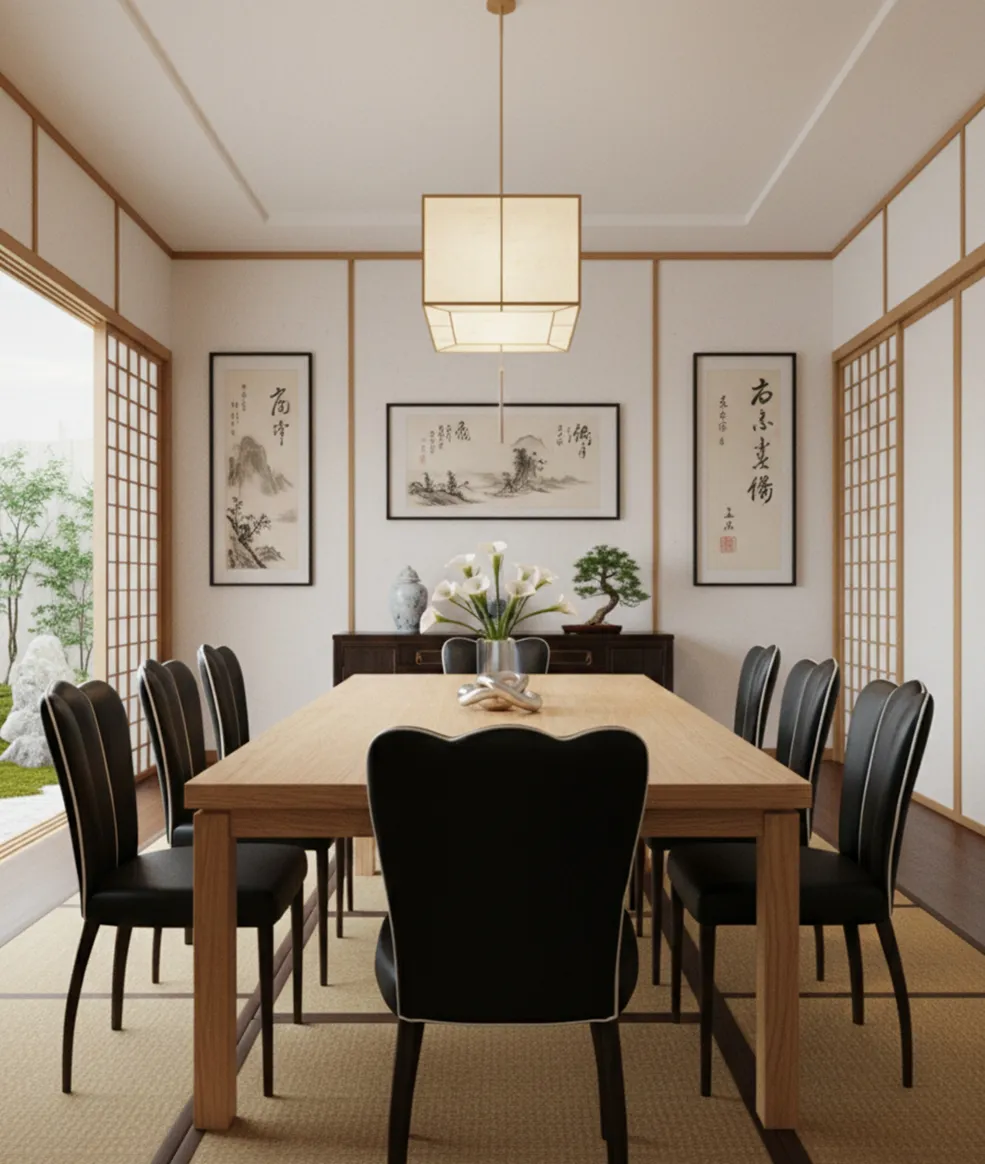 Seis cadeiras e duas poltronas antigas em um ambiente elegante, cercadas pela natureza.