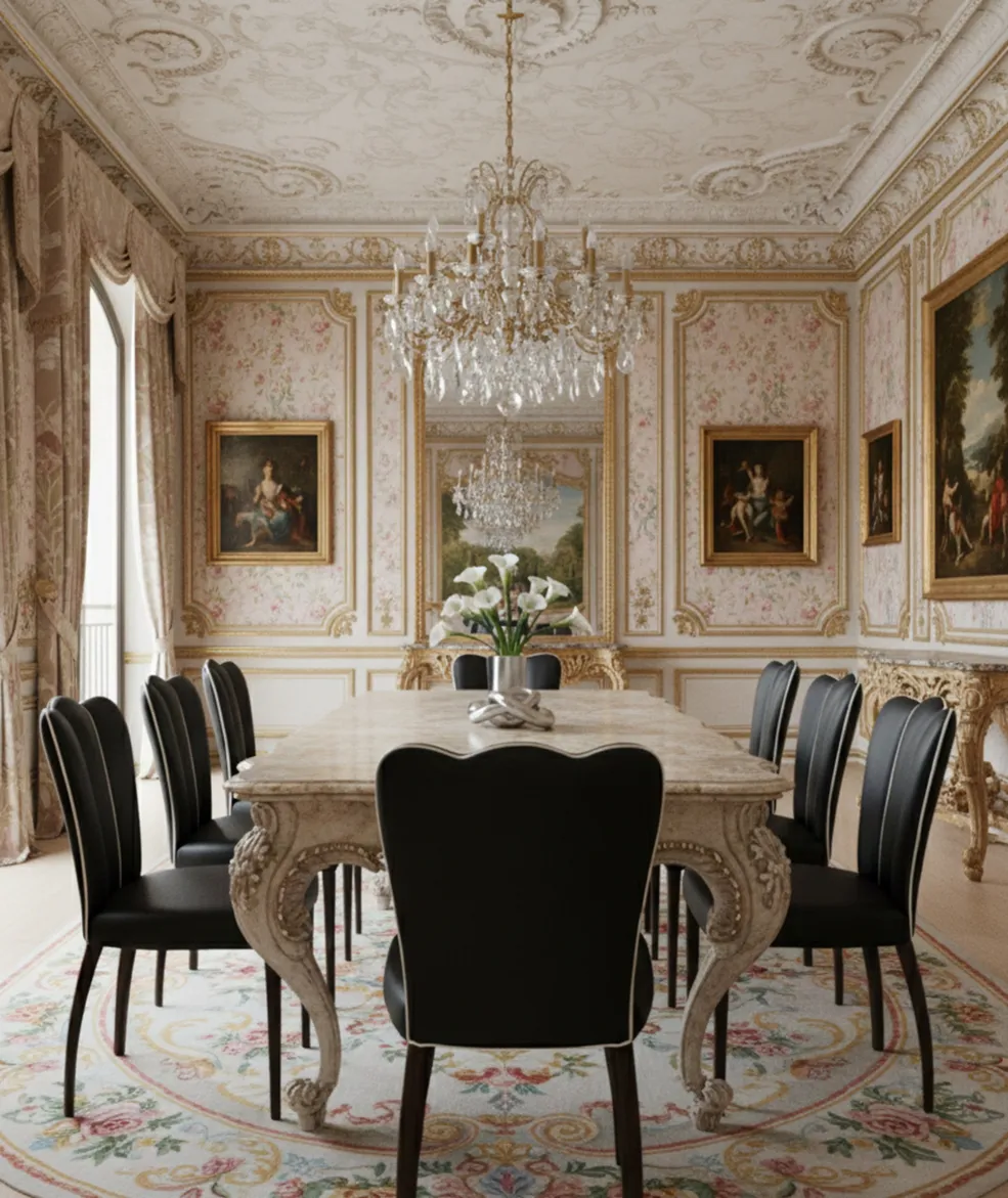black chairs and armchairs in an antique dining room, classic decor