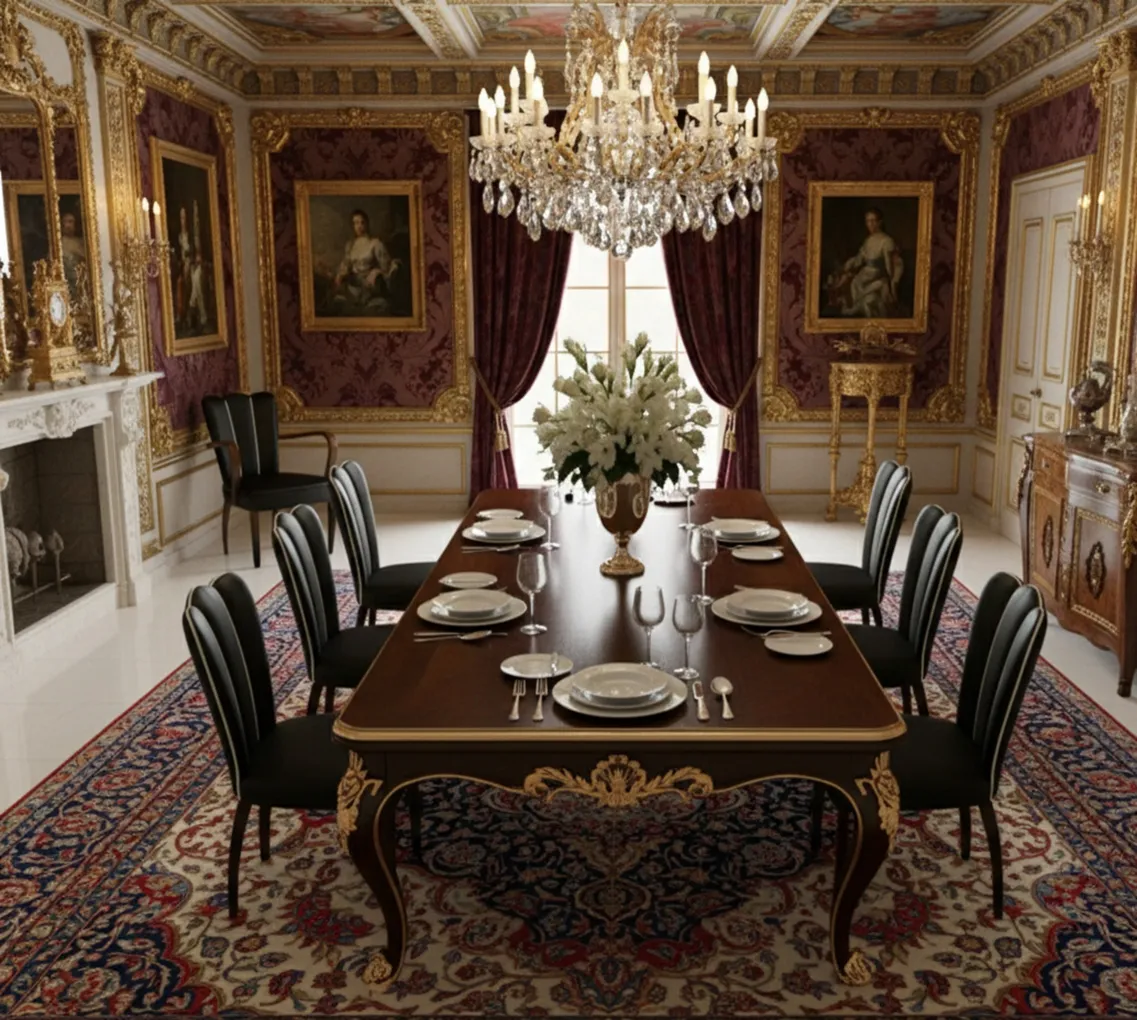 Cadeiras e poltronas antigas com design elegante em uma sala de jantar opulenta.