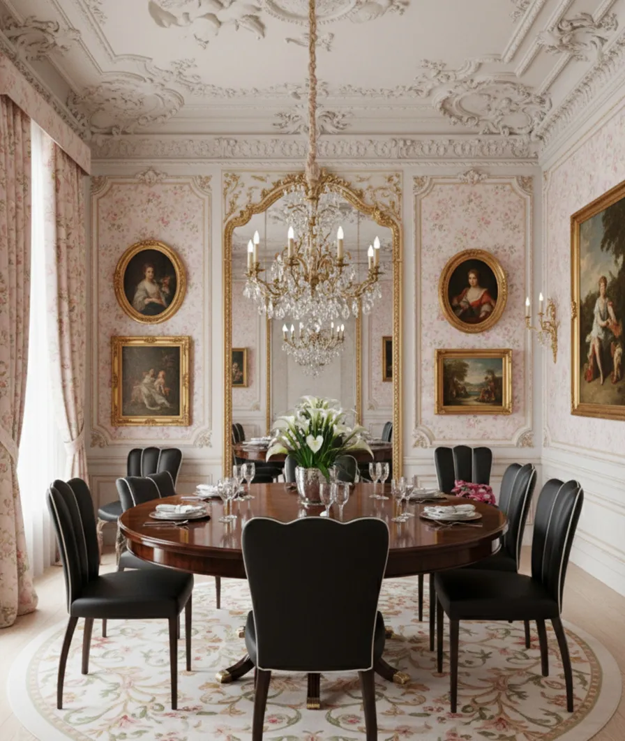 Set of 6 antique chairs and 2 armchairs in an elegant dining room.