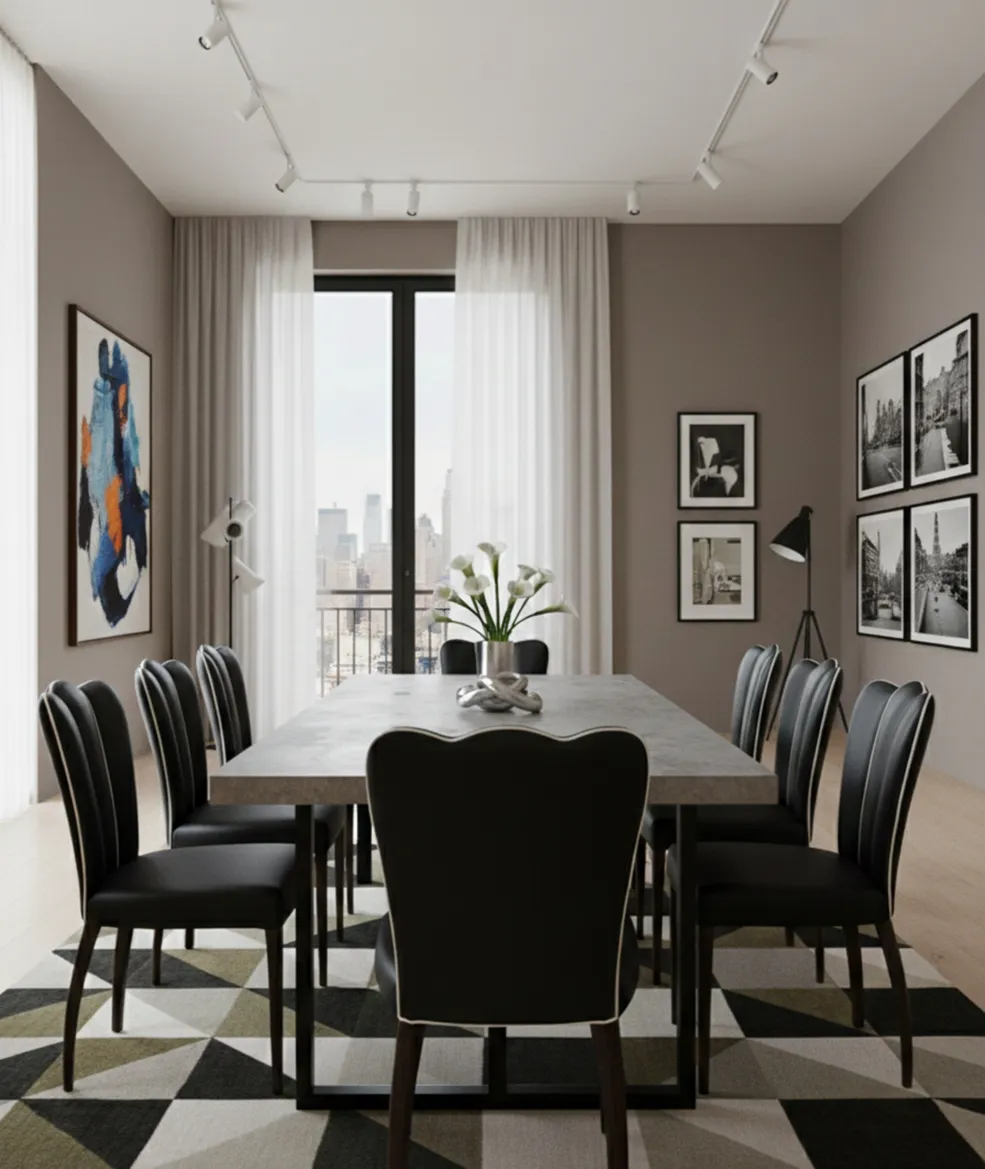 6 cadeiras pretas e 2 poltronas em uma sala de jantar moderna