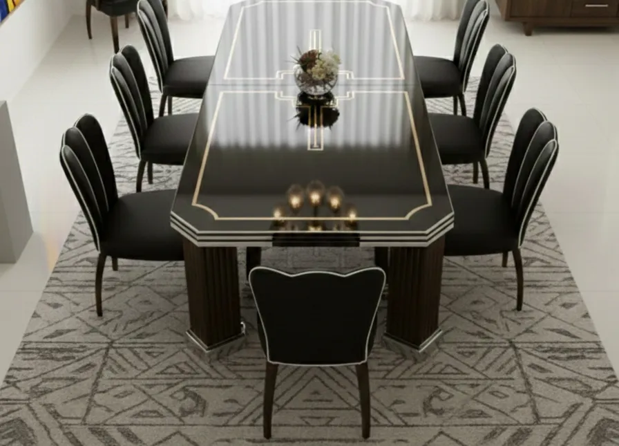 junto a una mesa moderna y un entorno elegante, 6 sillas y 2 sillones antiguas listas para restaurar