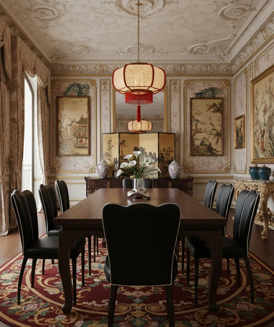Six antique chairs and two armchairs in an elegant dining room.