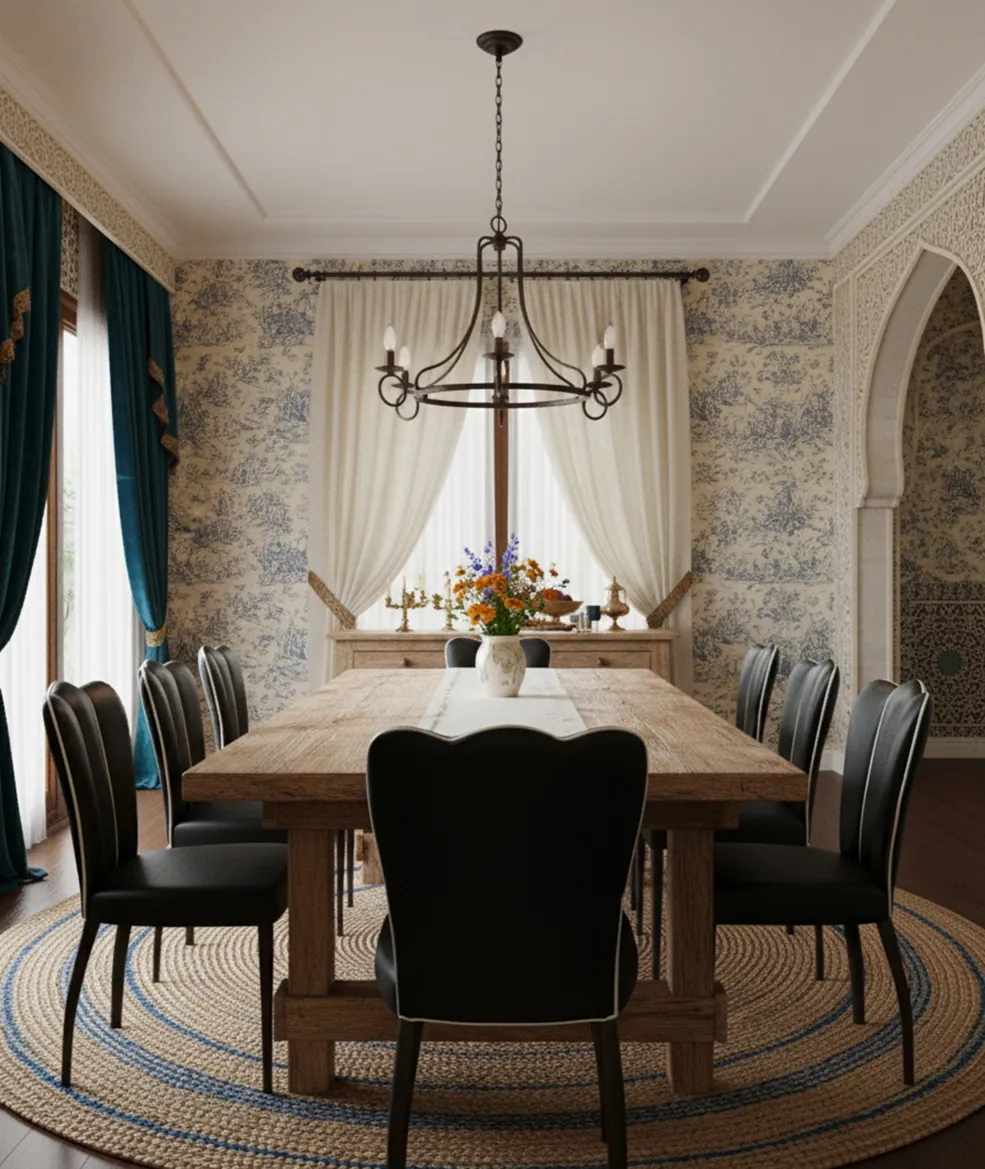 Antiguas 6 sillas y 2 sillones en comedor elegante, con cortinas y decoraciones florales.