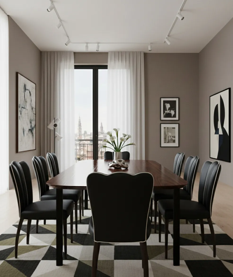 Juego de 6 sillas y 2 sillones antiguos en un comedor moderno