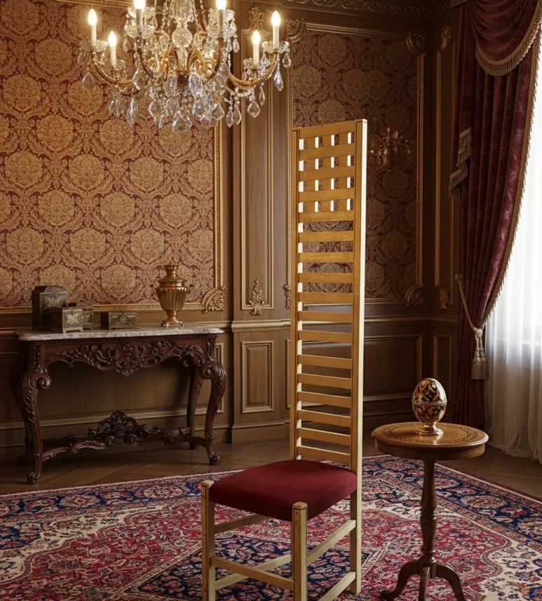 chaise ancienne avec dossier haut dans un cadre classique