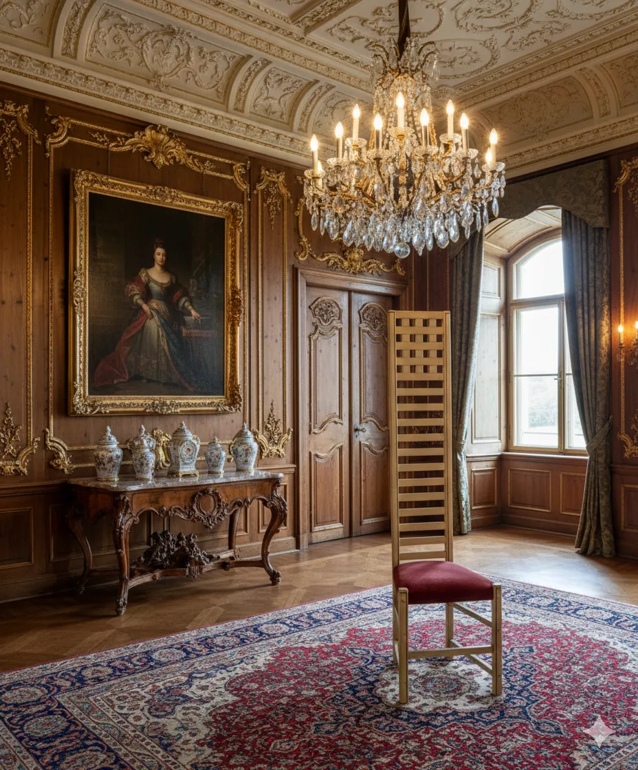 antique chair with tall back in decorated room