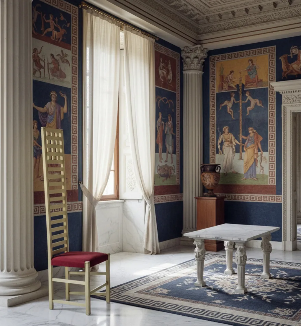 Antique chair with a high back and red upholstery in a room with frescoes