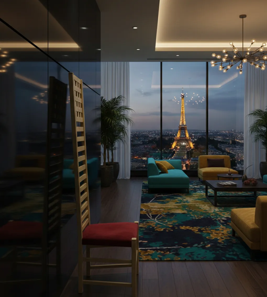 Antique chair with high back in a modern room, view of Eiffel Tower