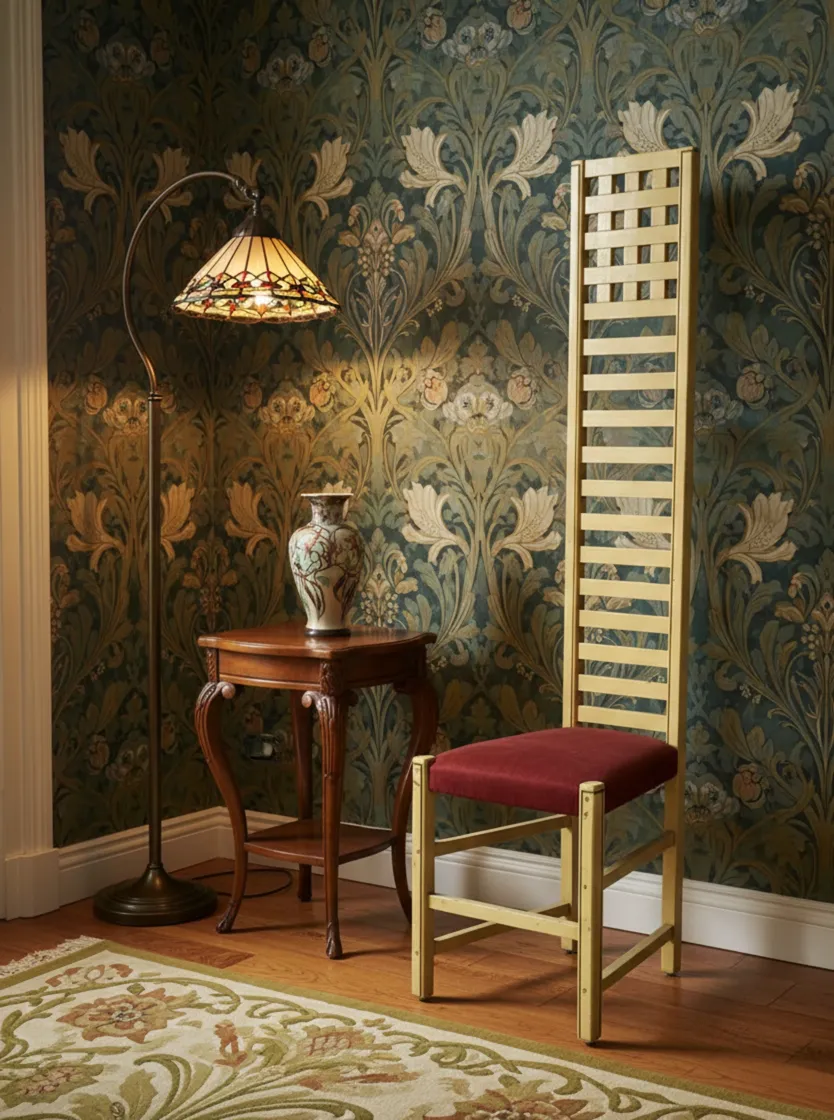 Antique chair by Joseph Hoffman in a classic setting with a lamp and a table.