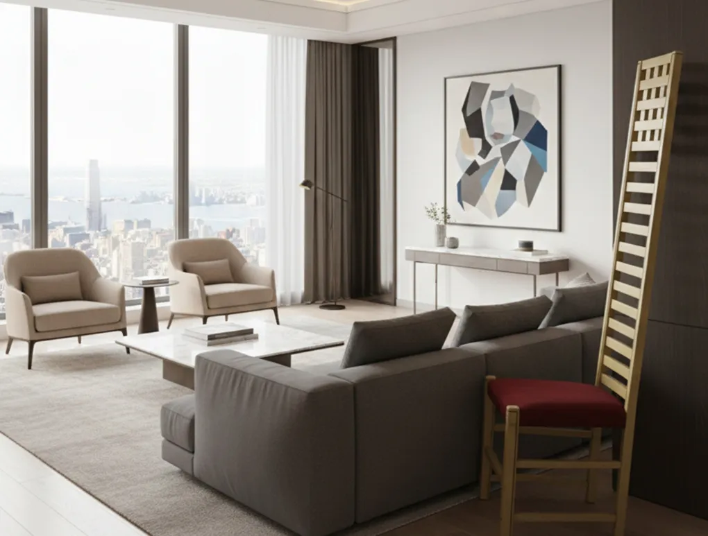 Cadeira antiga com almofada vermelha em ambiente moderno e elegante.