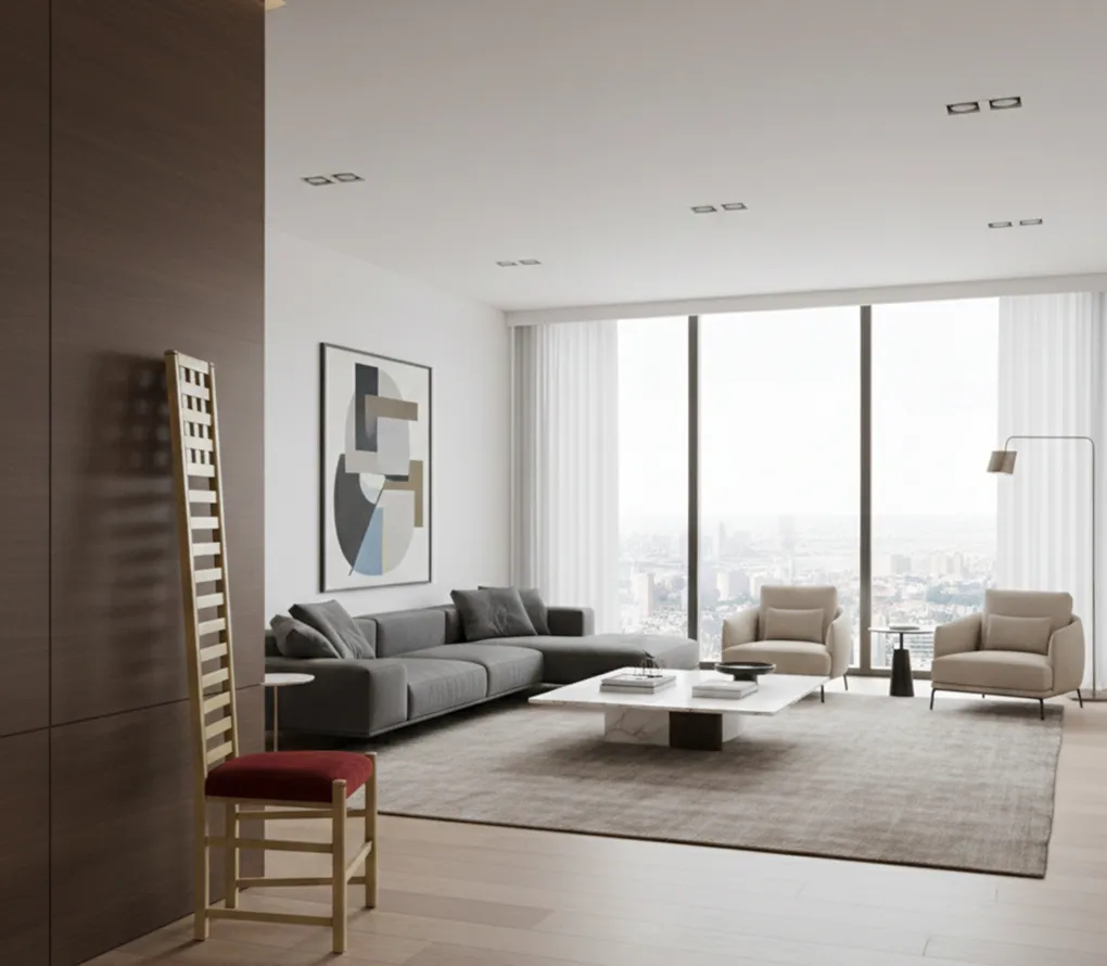 Silla antigua de joseph hoffman en un moderno salón con vista