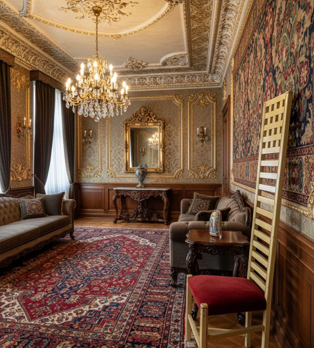 Chaise antique joseph hoffman dans une pièce élégante avec des lustres.