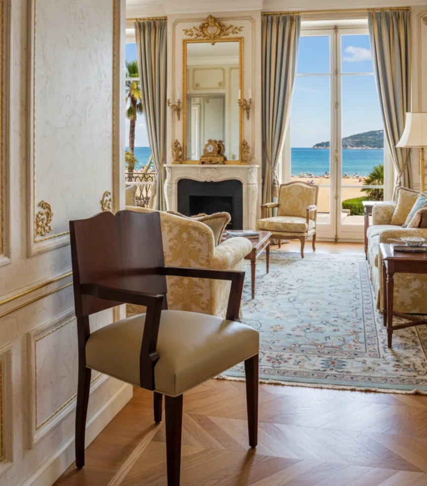 Antiker Art Deco Sessel mit eleganter Dekoration und Meerblick.