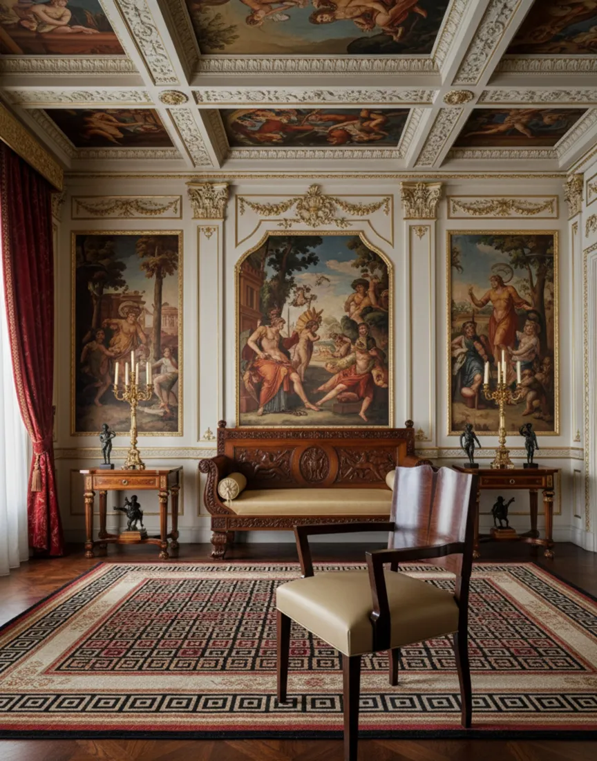 Cadeirão antigo Art Deco com design elegante em uma sala majestosa.