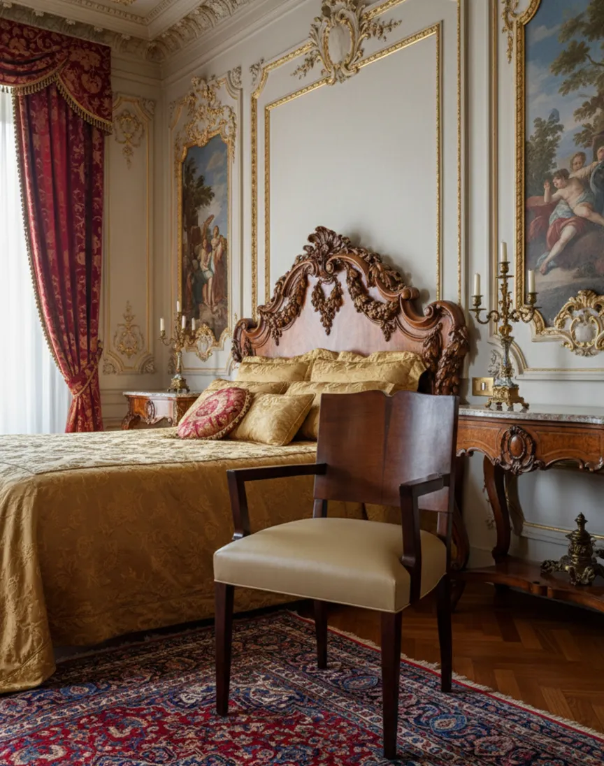 Antique Art Deco armchair in an elegant bedroom with luxurious decor.