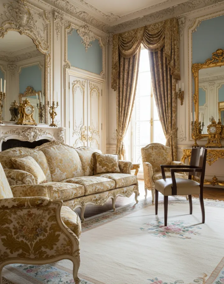 Cadeirão antigo estilo Art Deco em um ambiente elegante com detalhes dourados.