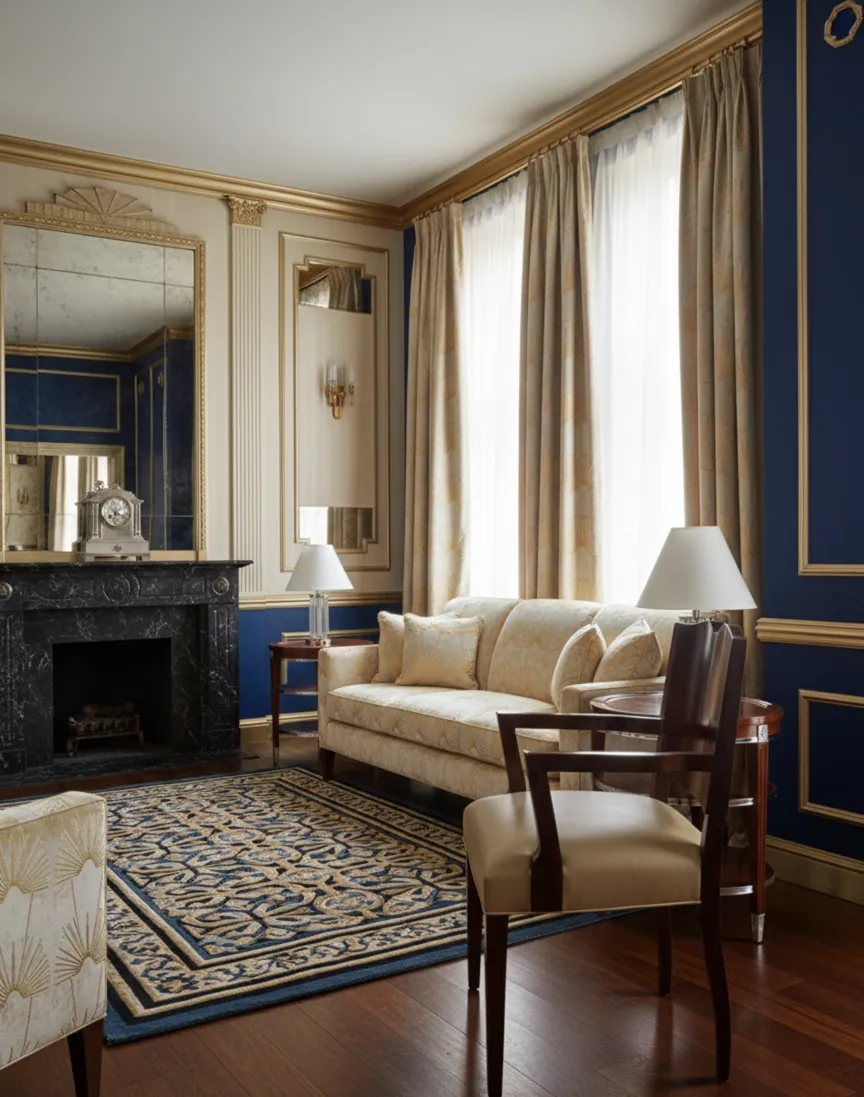 Fauteuil ancien Art Deco dans un salon élégant, avec des rideaux et des lampes.