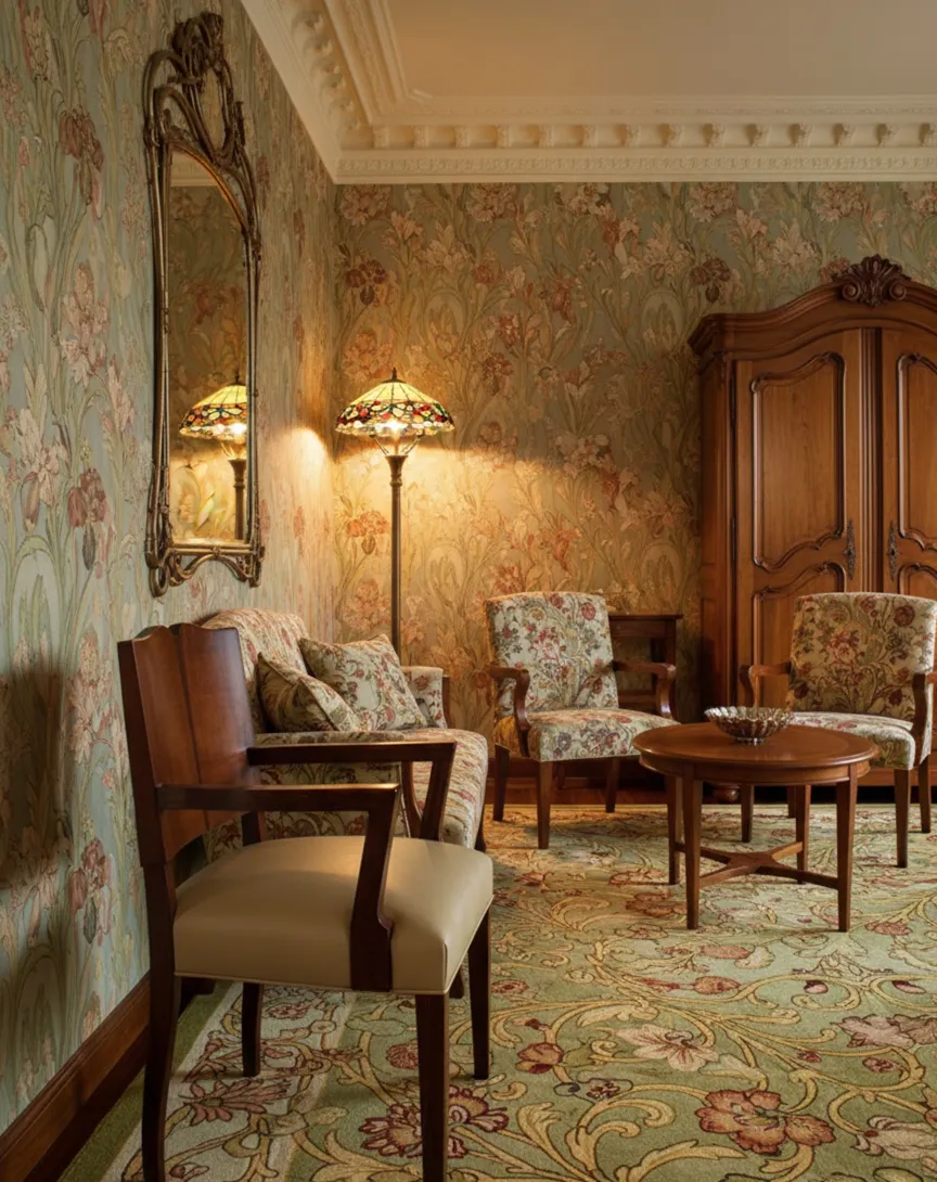 Antikes Art Deco-Sessel mit blumigen Mustern in einem gemütlichen Raum