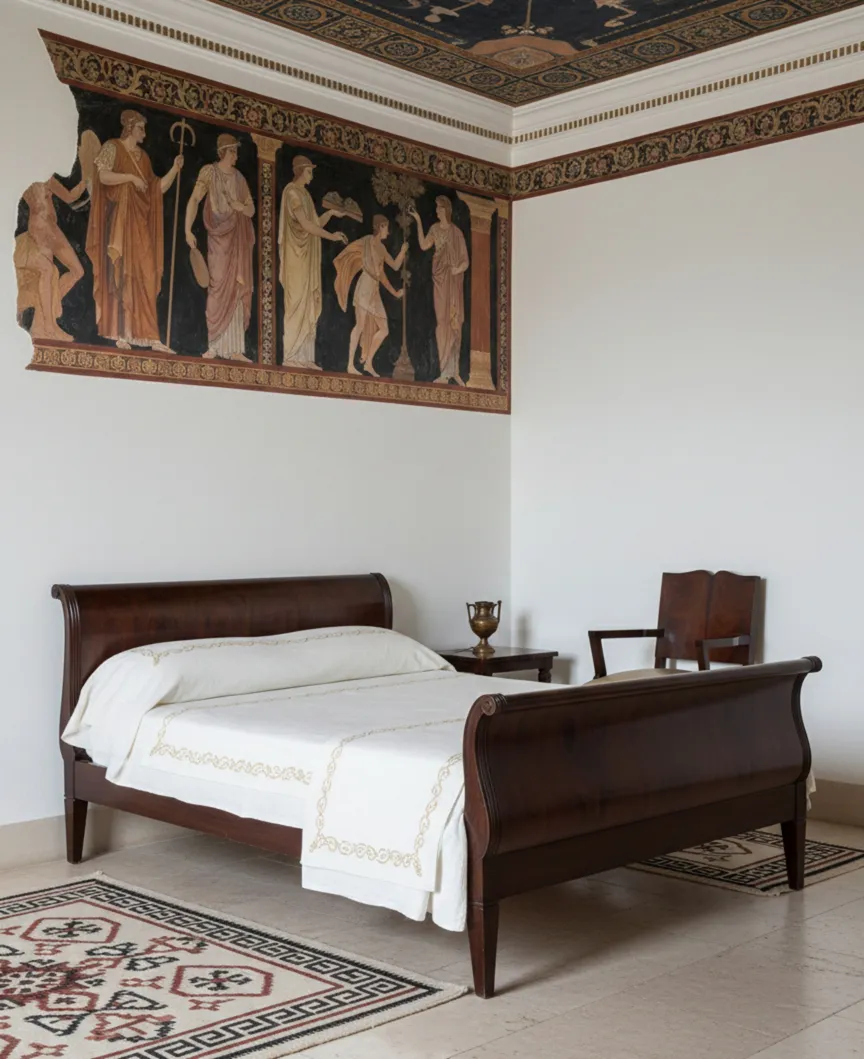 cadeirão antigo em um quarto decorado com arte clássica