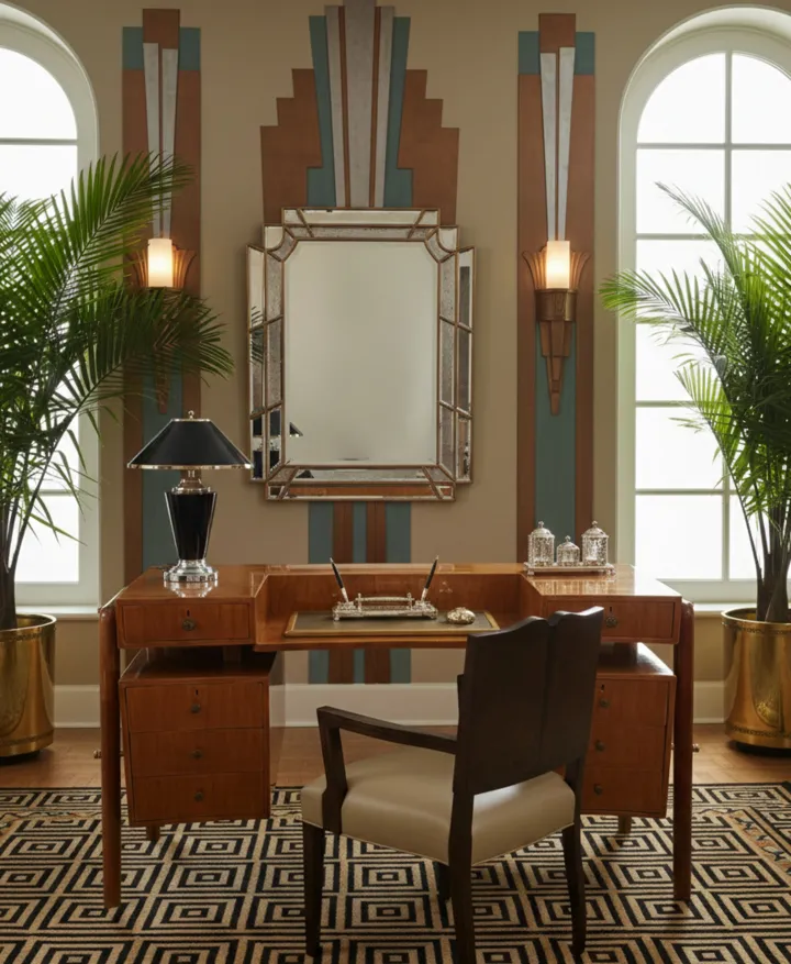 Antiker Sessel im Art Deco-Stil neben einem Schreibtisch und einer Lampe