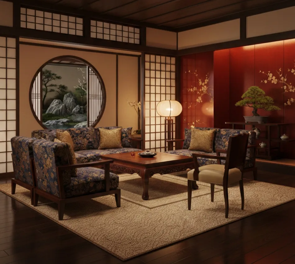 古い肘掛け椅子がアールデコ様式の装飾された部屋に