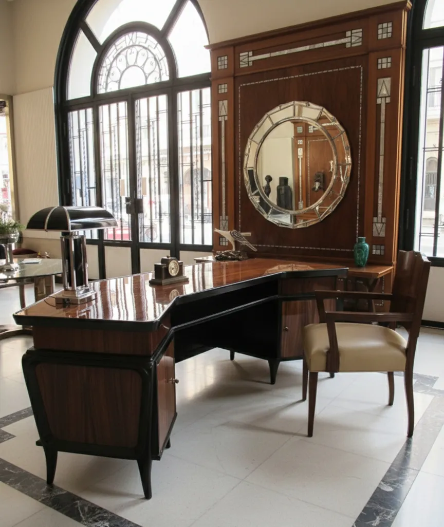 Cadeirão antigo Art Deco com design distinto e elegante, em um ambiente iluminado.