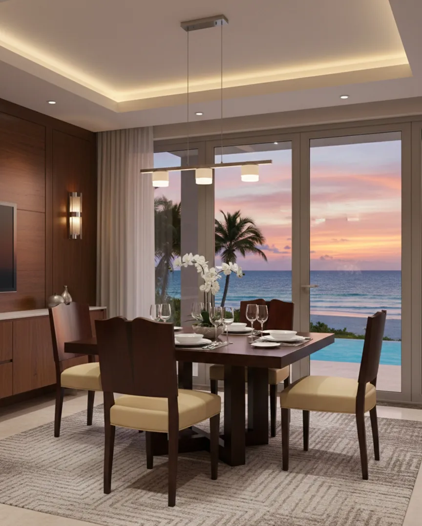 vue intérieure avec quatre chaises anciennes dans une salle à manger en bord de mer