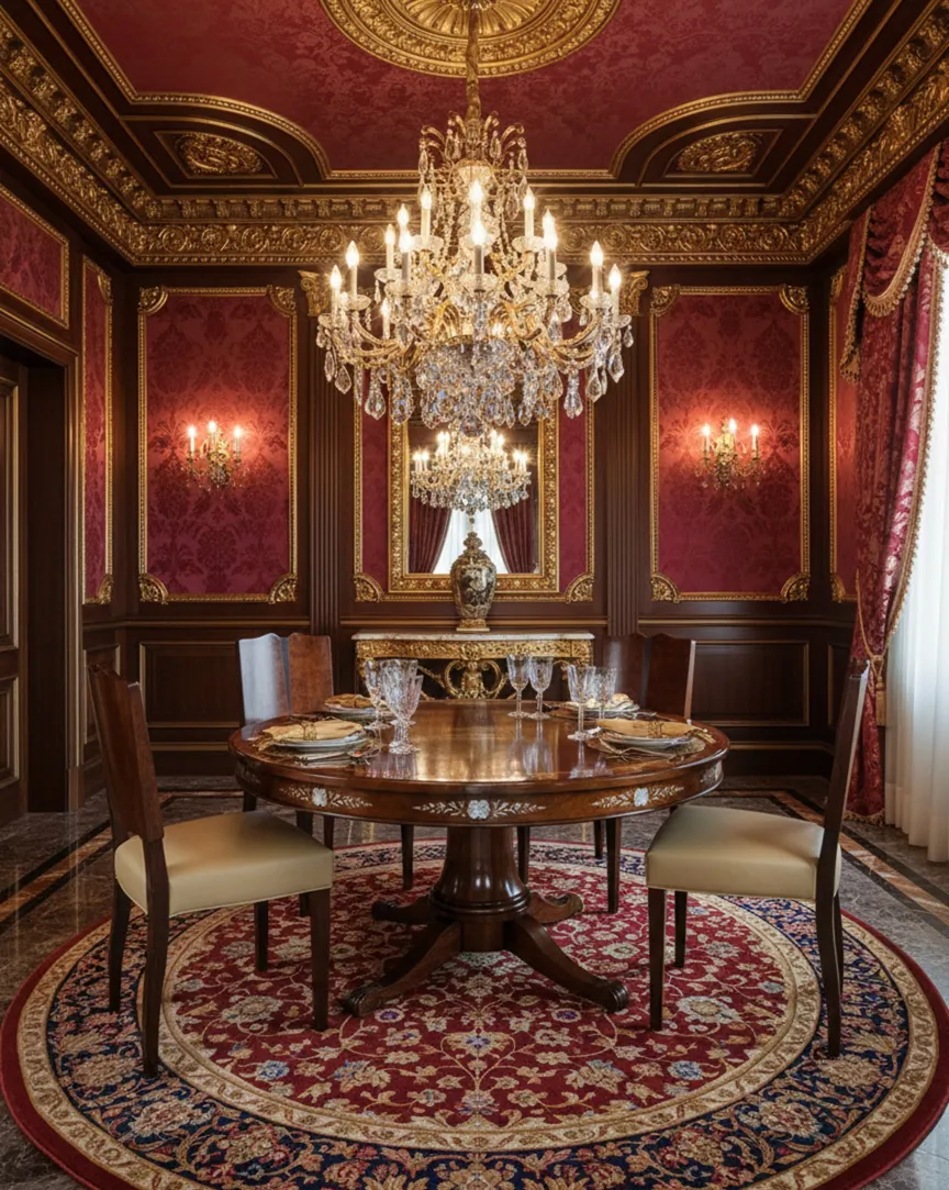 four elegant antique chairs next to a round table