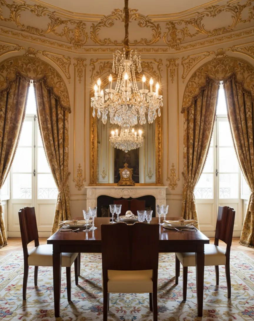 Quattro eleganti sedie antiche in una sala da pranzo decorativa.