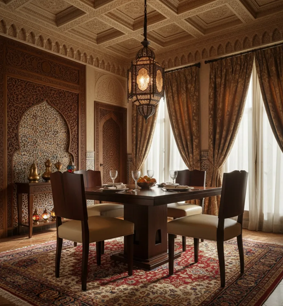 vier antike Stühle in einem eleganten Esszimmer mit Kronleuchter