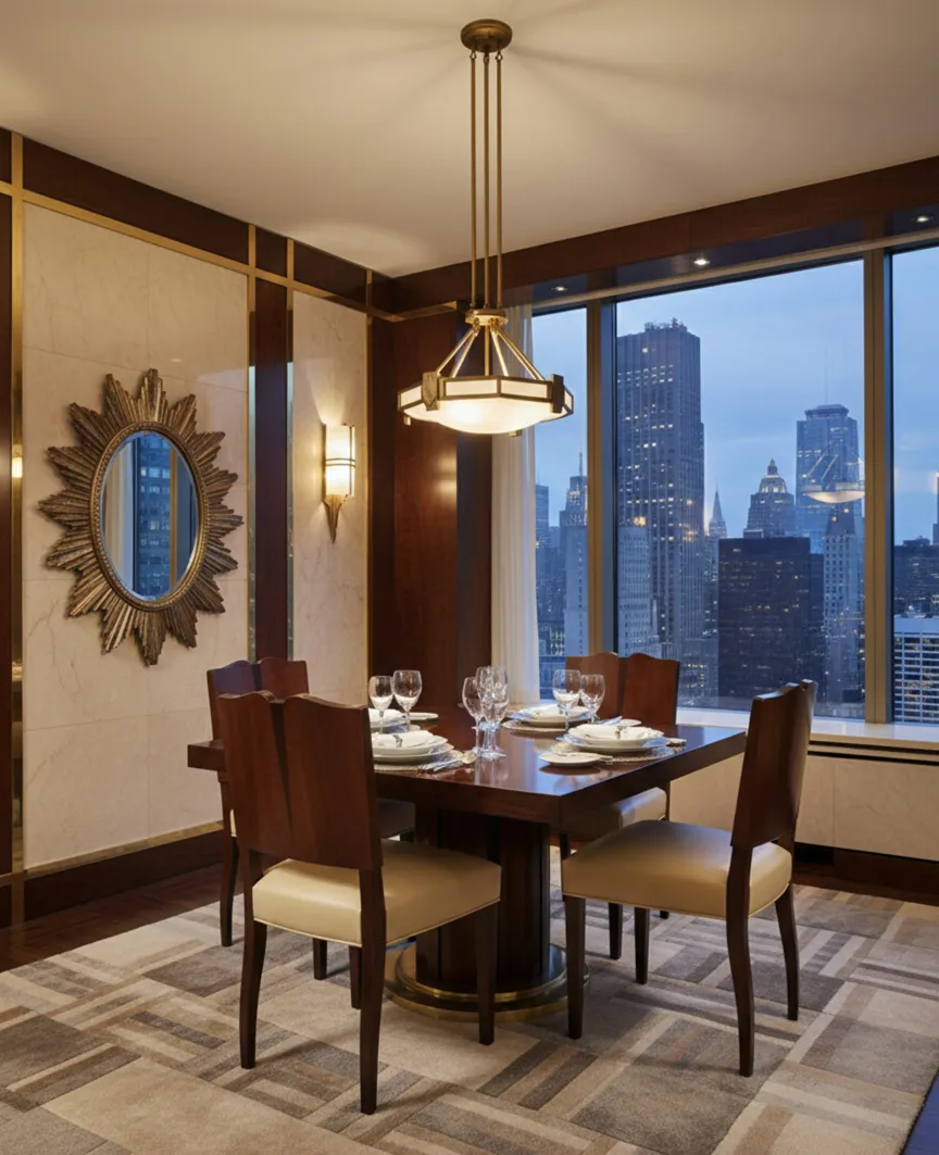 Vier antike Stühle in einem eleganten Art Deco Esszimmer mit Aussicht.