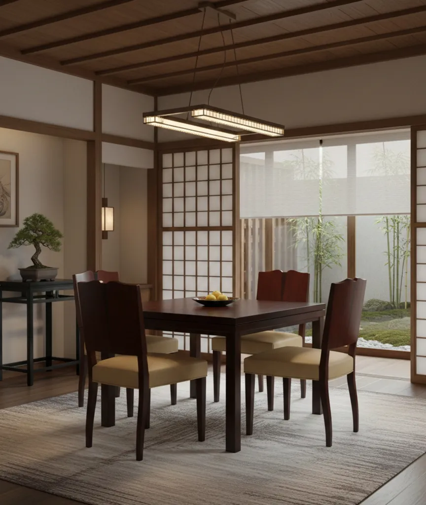 Four antique chairs in a cozy dining room with minimalist decor