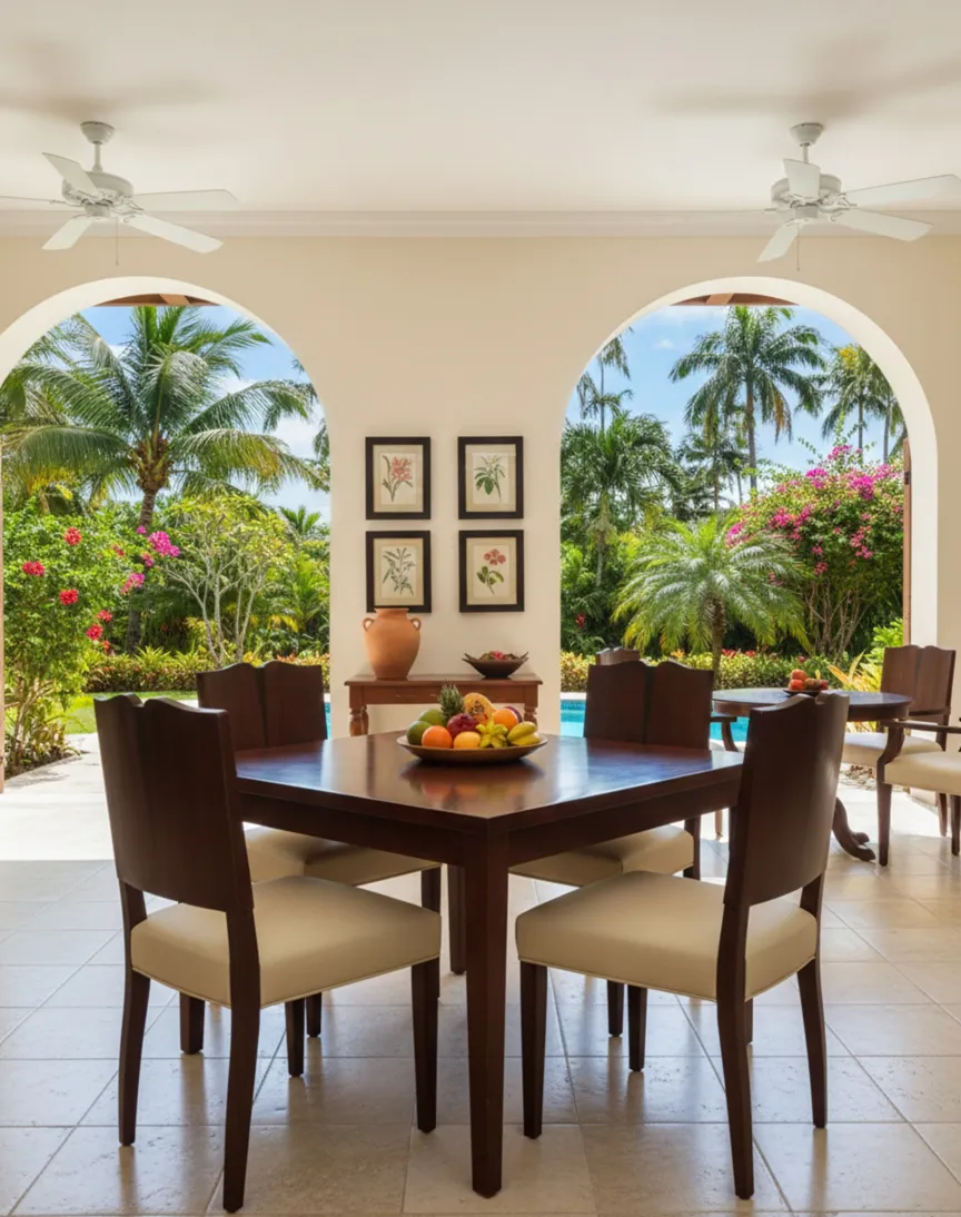 Quatre chaises anciennes dans une salle à manger avec vue sur le jardin