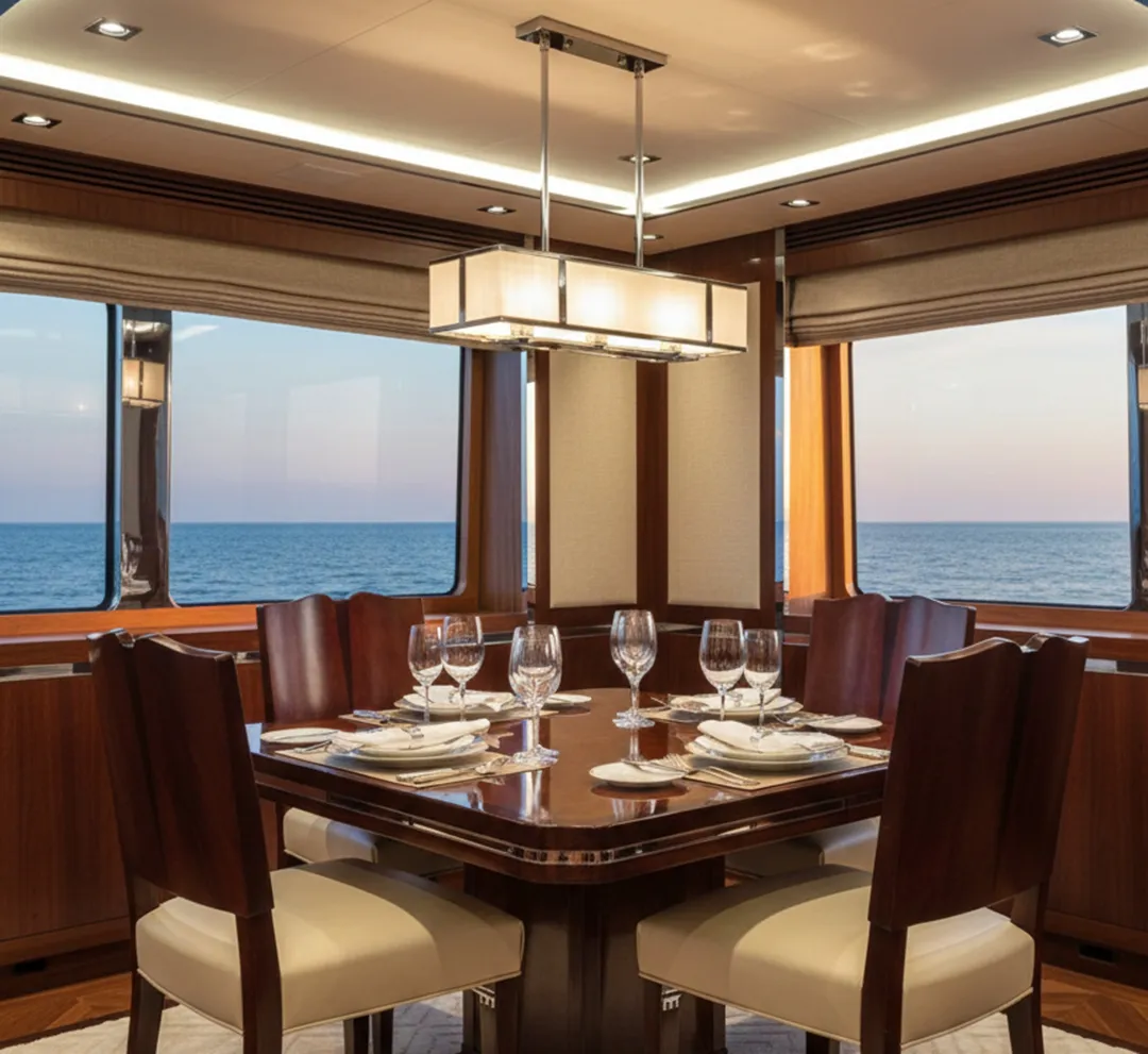 cuatro sillas antiguas en un comedor con vista al mar