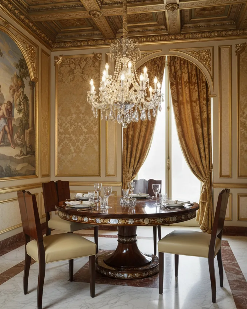 Four antique chairs in an elegant dining room with chandelier