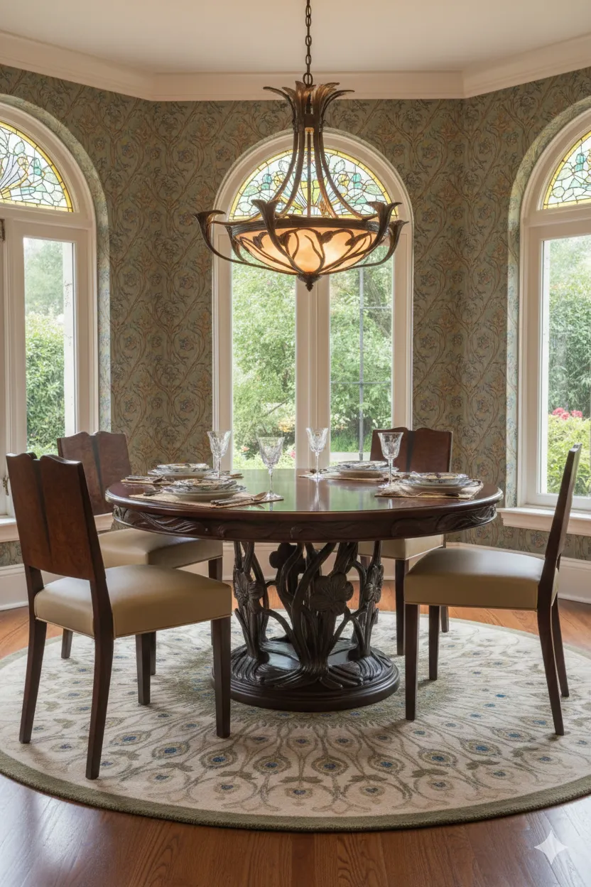 4把古董椅子与圆桌在同一房间