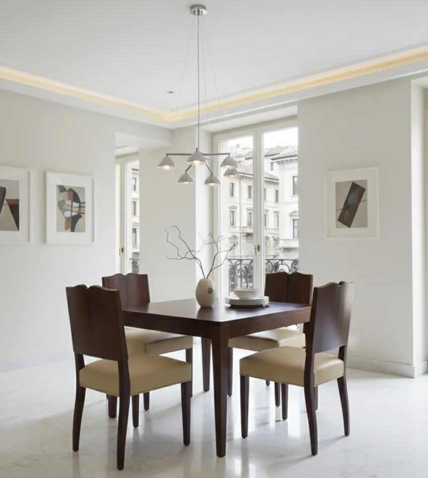 Quattro sedie antiche in una sala da pranzo luminosa, accanto a un tavolo e decorazioni minimaliste.