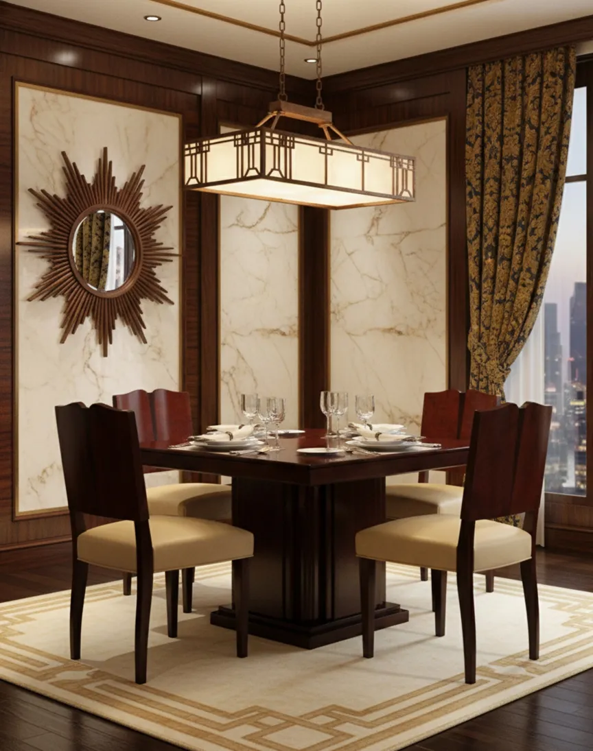 Elegantes Esszimmer mit 4 antiken Stühlen und raffinierter Dekoration