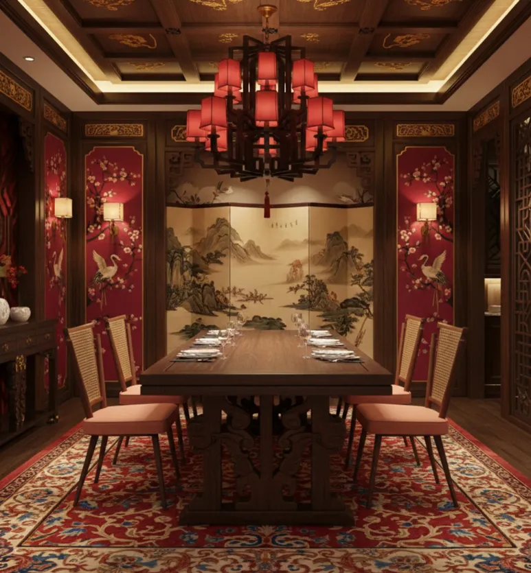 أربع كراسي قديمة بتفاصيل في الغرفة المزخرفة.