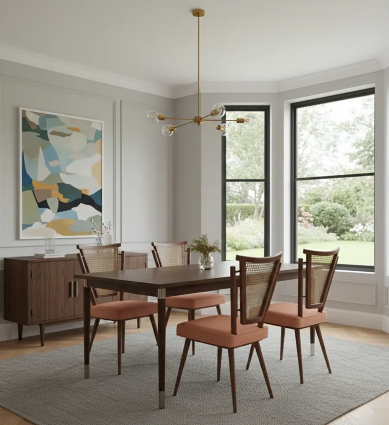 Conjunto de 4 sillas antiguas con almohadones color naranja en habitación moderna.