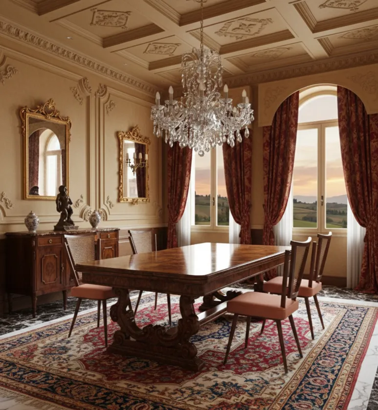 Cuatro sillas antiguas dispuestas en un comedor elegante con detalles dorados.