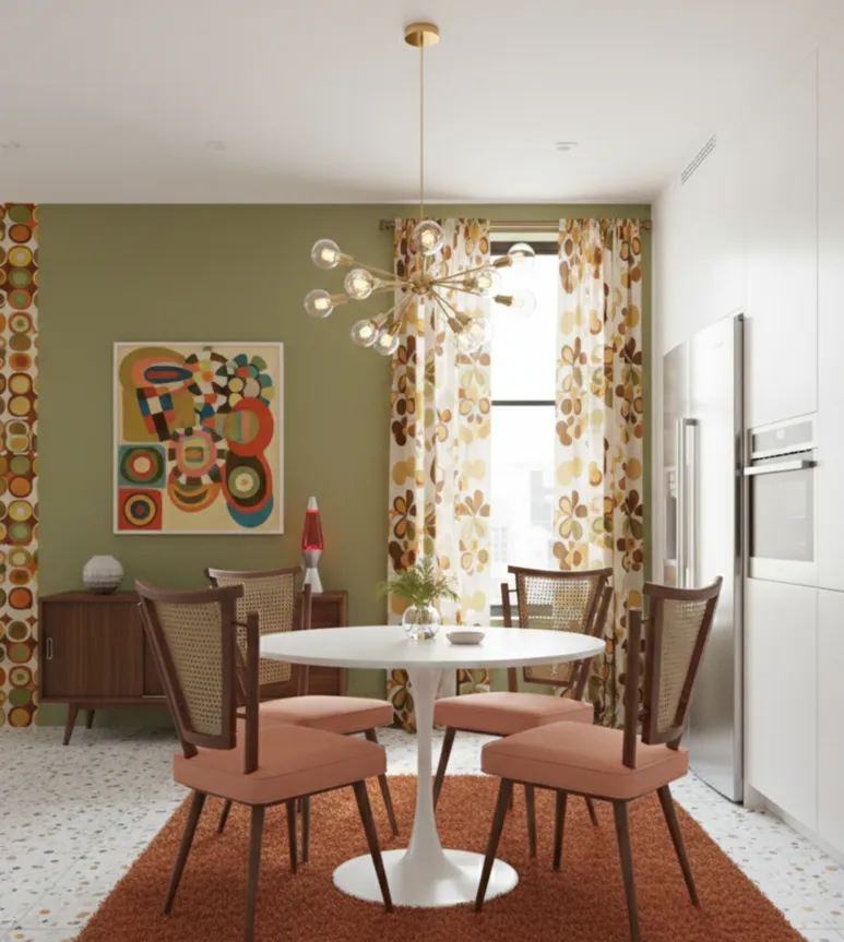 Quattro sedie antiche di design art deco nella stanza, con decorazioni colorate e un tavolo bianco.