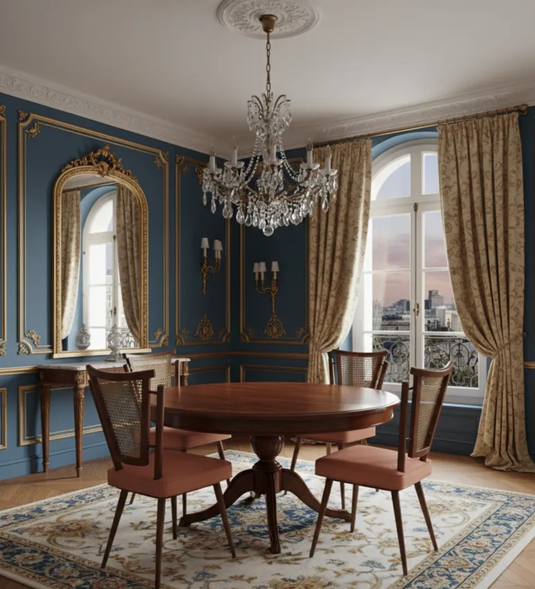Vier antike Stühle in einem klassischen Esszimmer mit dekorativen Details und elegantem Interieur