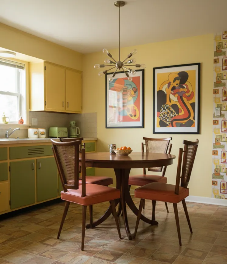 Four antique chairs to restore, with red cushions, in a warm and cozy dining room.