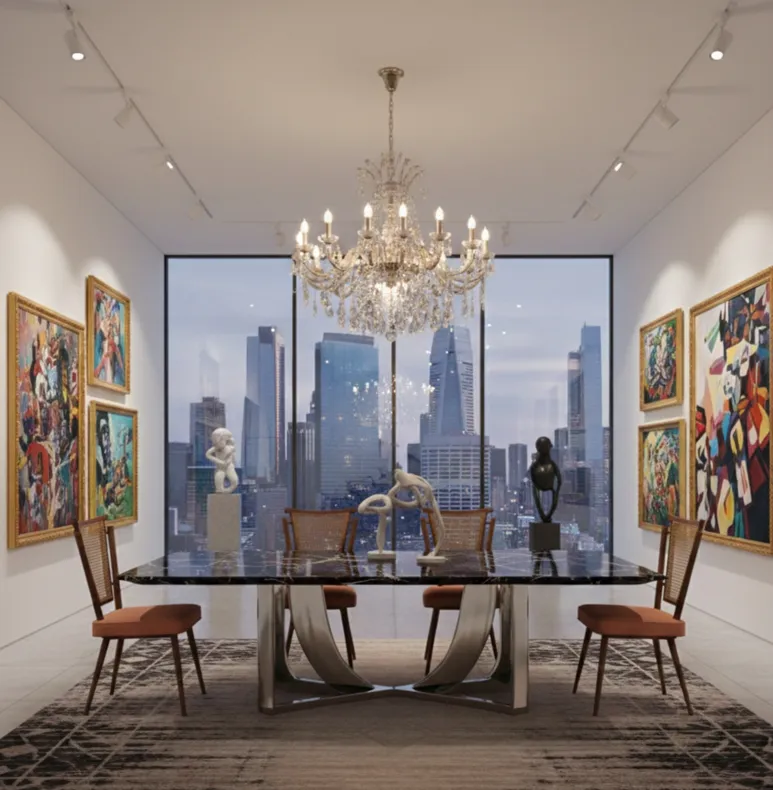 Set aus 4 antiken Stühlen mit orangefarbener Polsterung im eleganten Esszimmer mit moderner Kunst.