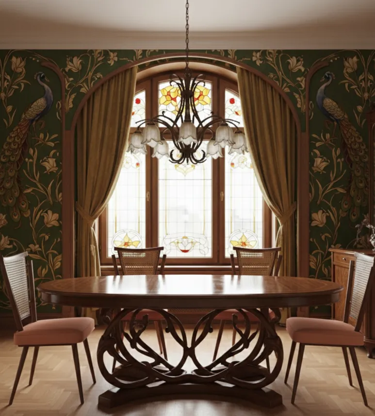 Conjunto de 4 sillas antiguas listas para restaurar, en un ambiente decorativo con paredes detalladas y una mesa central.