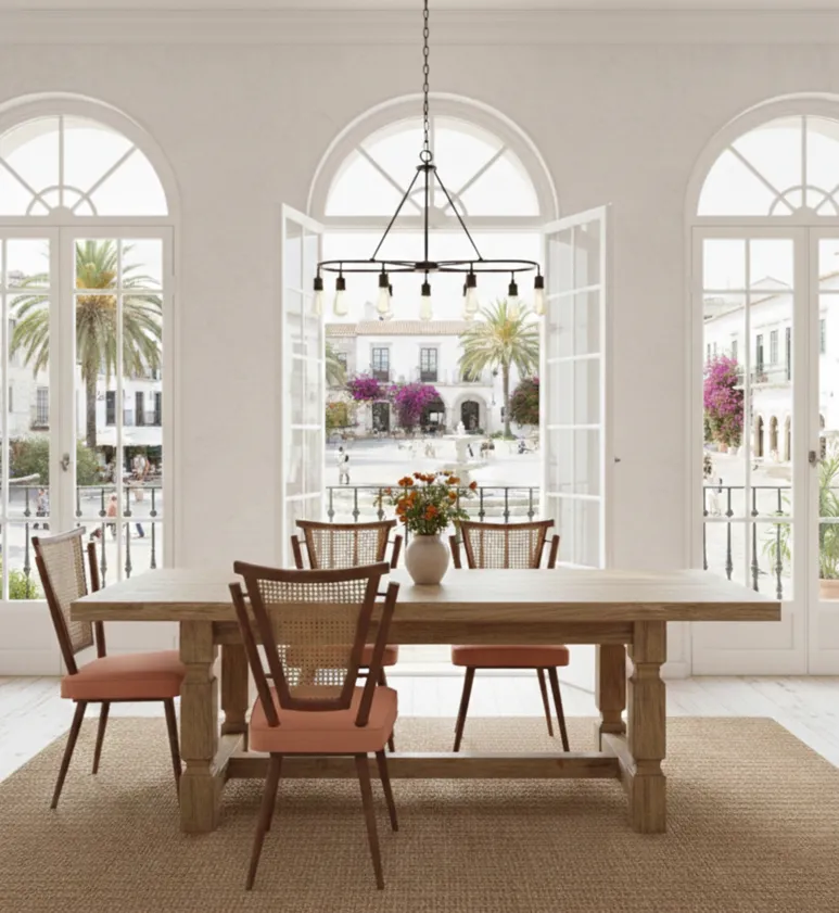 Four antique chairs with cushions in a bright dining room